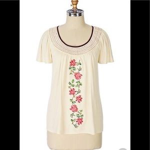 Embroidered Floral Blouse Top Sz Petite
